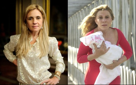 Montagem com Adriana Esteves usando um top dourado, caracterizada como Carminha de Avenida Brasil, e Renata Sorrah usando uma roupa vermelha, com um bebê na mão, correndo