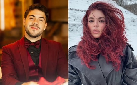 Montagem com fotos de Álvaro e Gkay; ele aparece à esquerda, com terno vinho, e ela à direita, com cabelo ruivo e na neve