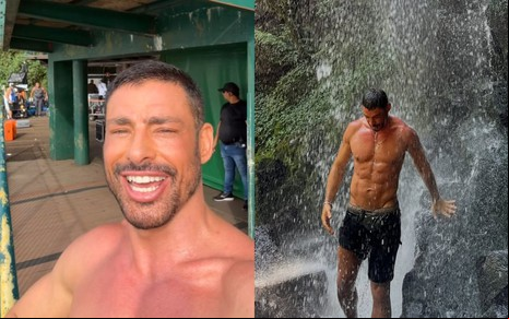 Montagem com duas fotos de Cauã Reymond: em uma, ele está em uma das arelas que dão o às cataratas, descamisado e sorridente. O ângulo permite vê-lo apenas do pescoço para cima. No outro, de corpo inteiro, o artista toma banho numa queda d'água