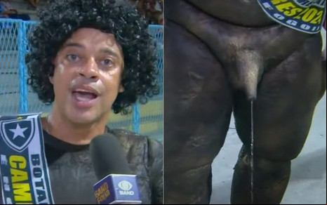 Montagem de homem dando entrevista e close em fantasia que simula partes íntimas de uma estátua na Band Folia