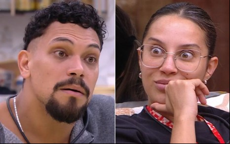 Montagem com Vinícius à esquerda e Renata à direita no BBB 25