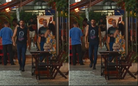 Montagem mostrando mulher filmando Cauã Reymond com celular em Vale Tudo