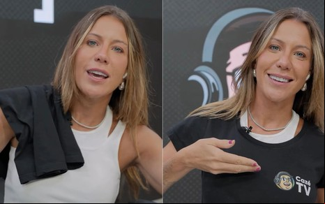 Montagem com fotos de Bárbara Coelho com uma regata branca e camiseta preta com logo da CazéTV
