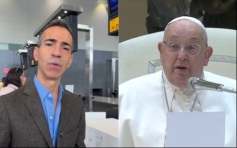 Montagem com fotos de César Tralli no aeroporto e do papa Francisco em discurso no Vaticano