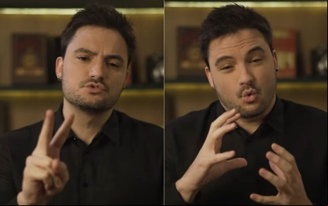 Montagem com dois momentos de Felipe Neto no vídeo em que anuncia sua candidatura à presidência