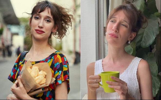 Montagem com fotos da atriz Isabela Mariotto como ela mesma e caracterizada como a personagem Tina, de A Vida de Tina