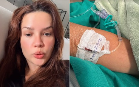 Montagem com fotos de Juliette olhando para a câmera e um braço recebendo soro em uma cama hospitalar