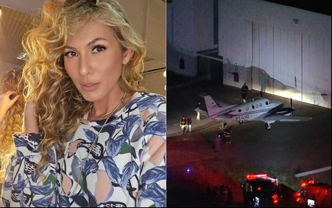 Montagem com fotos de Lívia Andrade e de avião pousando em aeroporto