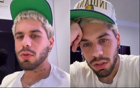 Montagem com dois momentos de Zé Felipe frustrado e nervoso nos Stories do Instagram