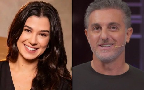 Montagem com Luciano Huck à esquerda e Renata Abravanel à direita no Domingão
