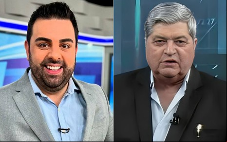 Montagem com Macedão da Chinelada sorridente e José Luiz Datena sério