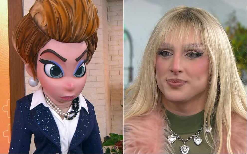 Montagem da fantasia de Odete Roitman e Diego Martins vestido de sua versão drag, com peruca loira e colar prata, no Mais Você