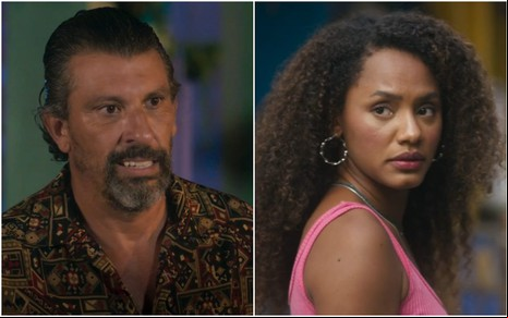 Montagem com fotos dos atores Milhem Cortaz e Jéssica Ellen, sérios, em cenas de Volta por Cima