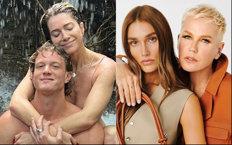 Montagem de Letícia Spiller com Pedro Novaes em cachoeira, e Sasha abraçada com Xuxa Meneghel