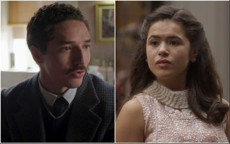 Montagem com fotos dos atores João Vitor Silva e Maisa, sérios, em cenas de Garota do Momento