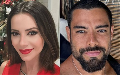 Montagem com selfies de Sandy Leah e Pedro Andrade, com sorrisos leves; ela usa vestido e batom vermelho e ele aparece sem camisa