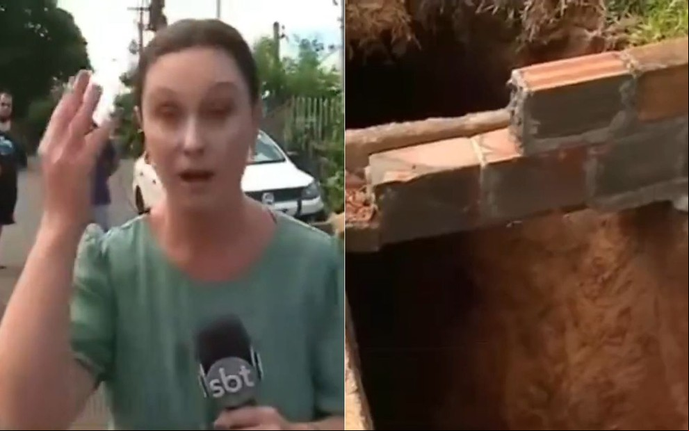 Montagem com fotos de Aline Schneider com expressão boquiaberta e preocupada e de um grande buraco no meio da rua