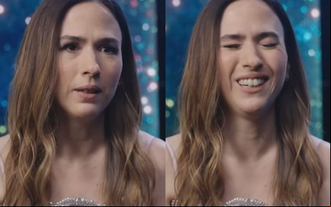 Tatá Werneck está séria em dois prints de vídeo de divulgação do The Masked Singer