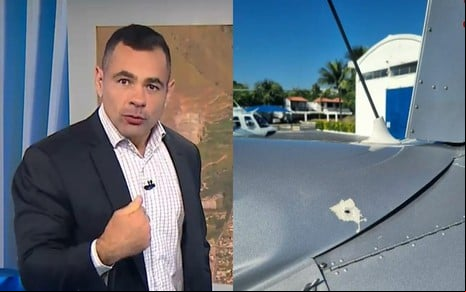 Montagem com Tino Junior e a marca do tiro no helicóptero