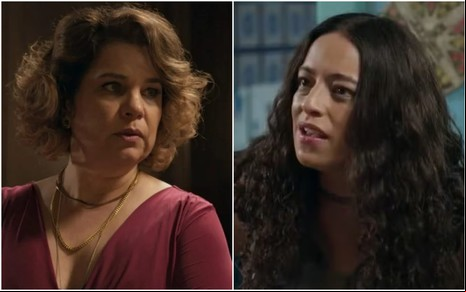 Montagem com fotos das atrizes Isabel Teixeira e Pri Helena, Isabel séria e Pri com expressão de desespero, em cenas de Volta por Cima