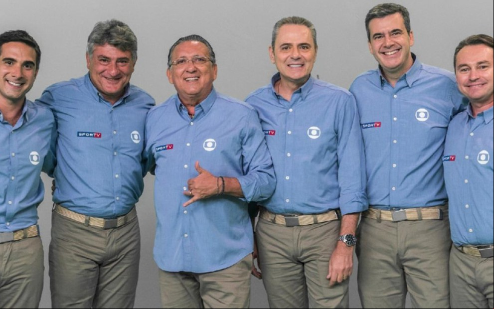 Gustavo Villani (à esq.), Cleber Machado, Galvão Bueno, Luis Roberto, Rogério Corrêa e Rembrandt Júnior - João Miguel Júnior/TV Globo